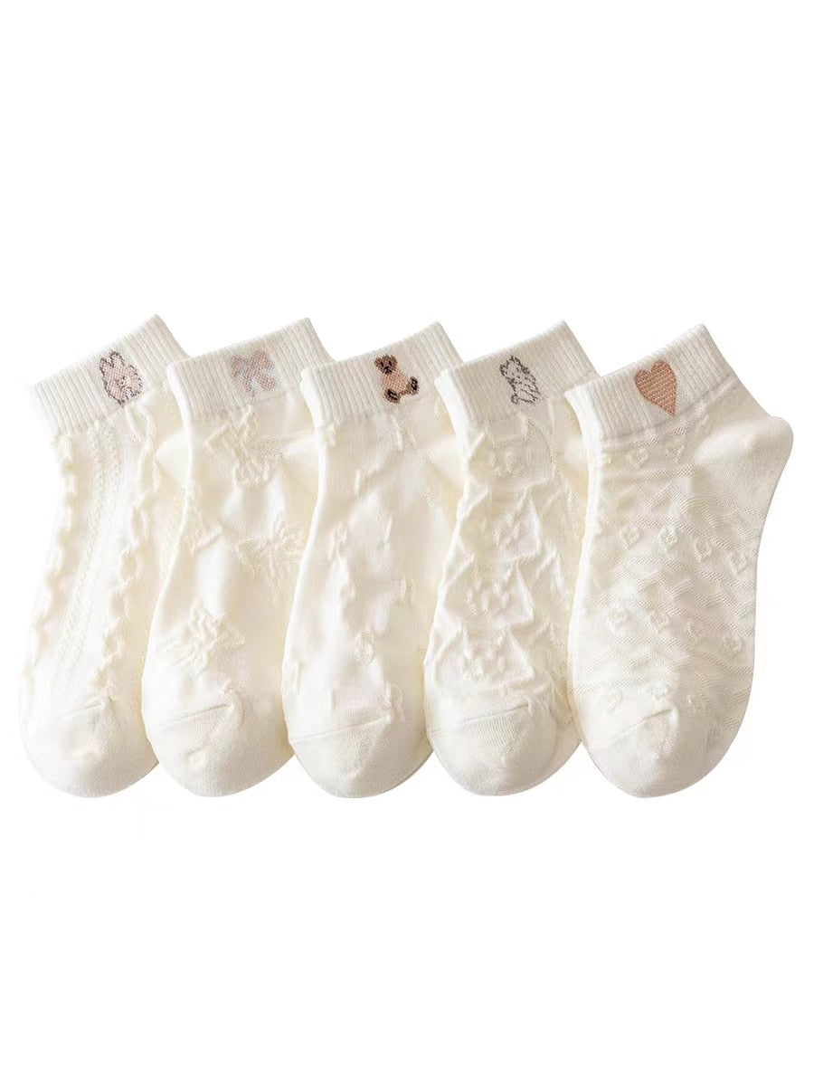 5 Pairs Socks Sets Women Elegant Retro Polyester Cotton Low Tube Women Socks Breathable Japanese Style Casual Cotton Short Sock